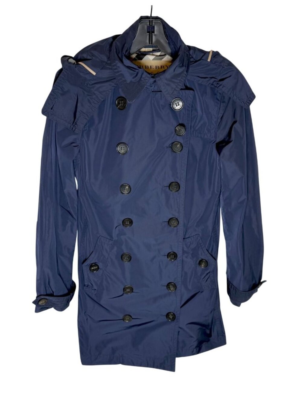 BURBERRY Navy Detachable Hood Rain Trench Jacket - US 4